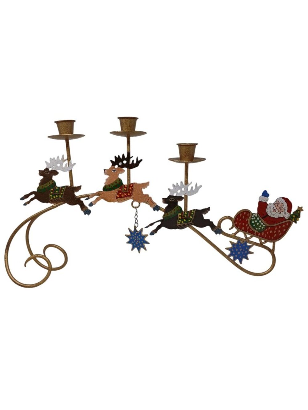 VTG Santa Sleigh Reindeer Christmas 3 Candle Holder HandPainted Metal Decor #SB